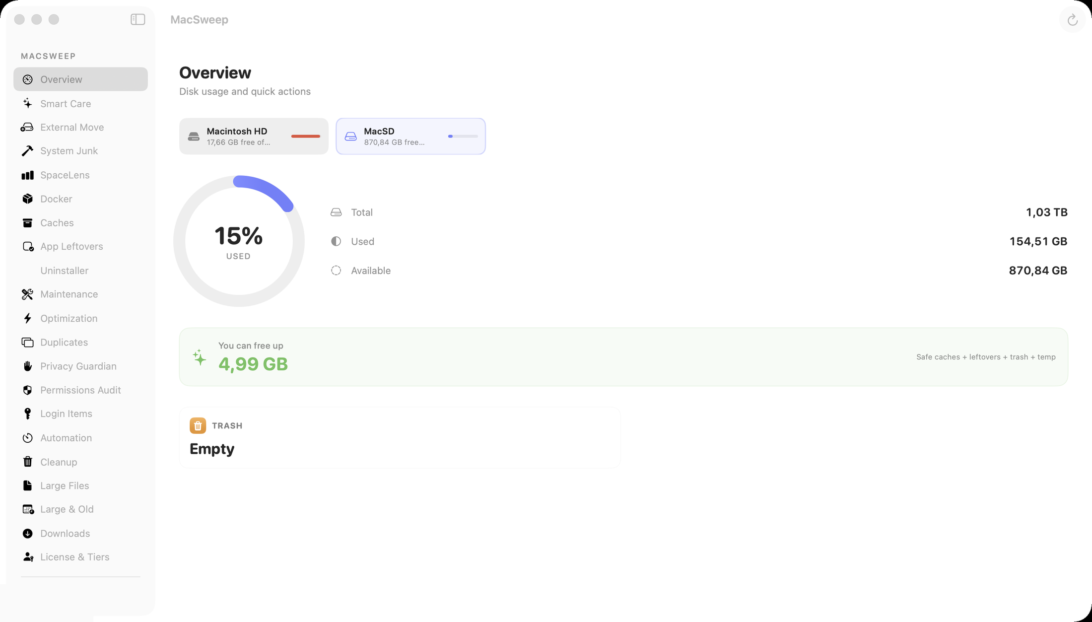 MacSweep Overview showing disk usage and reclaimable space